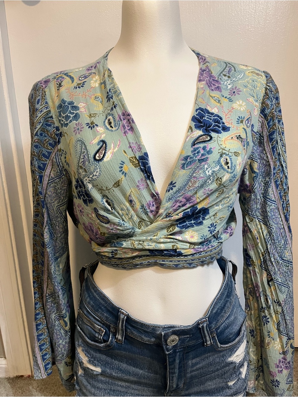 Angie Sage Green Floral Wrap Crop Top with Blue & Purple Accents
